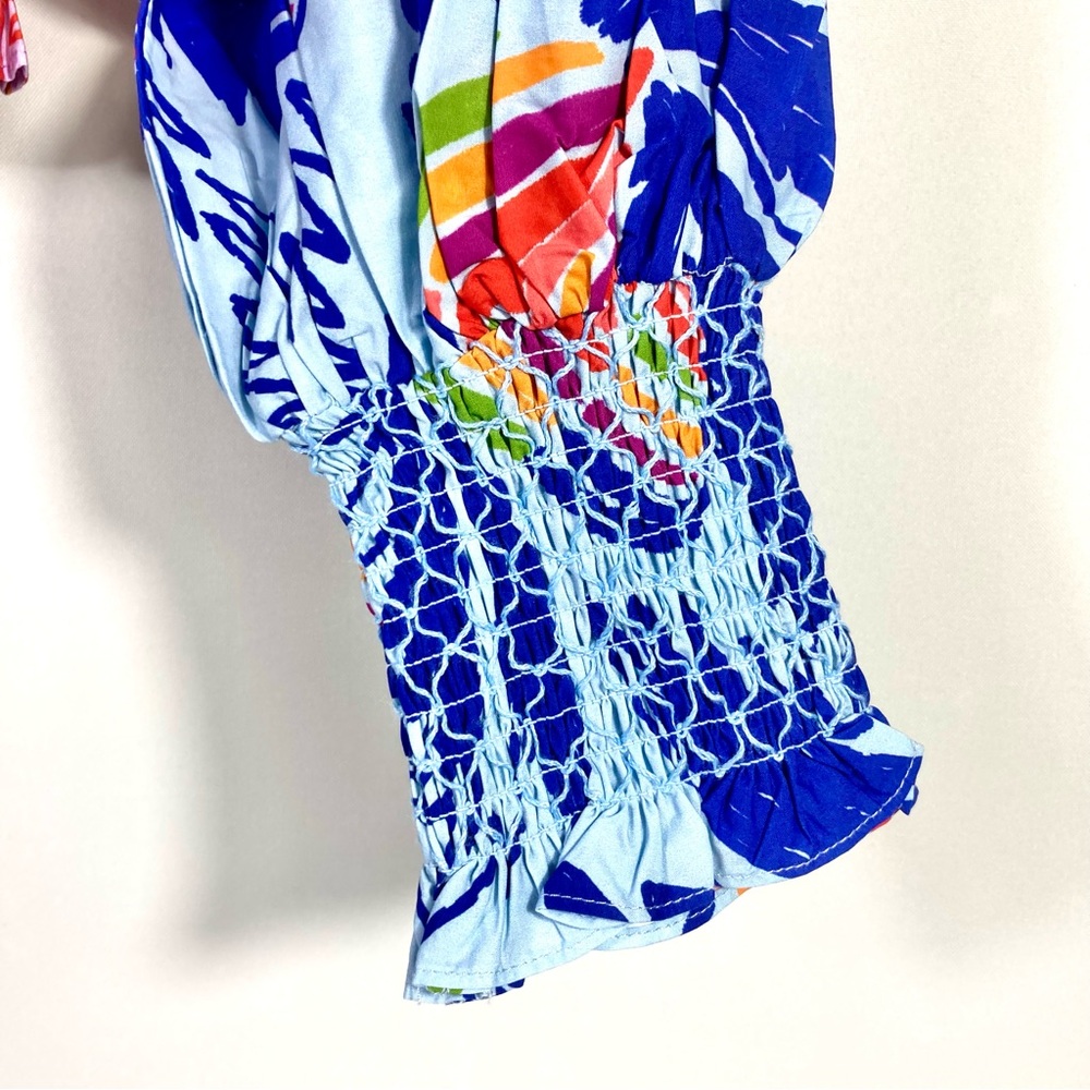 Farm Rio Mixed Print Smocked Cotton Crop Top Puff Sleeve Medium NWT - Picture 10 of 12